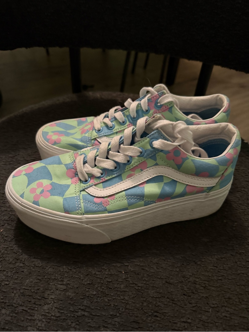 Vans Platform Sneakers - Pastel Blue, Mint & Pink Floral Checkerboard